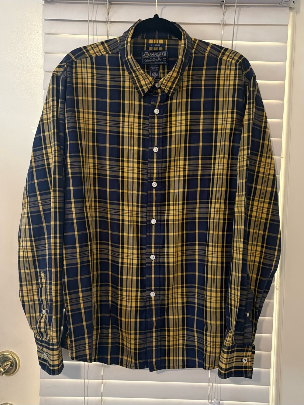 Americanβ Rag Menβs Plaid Button-Up Shirt Long Sleeve Navy Yellow XL Casual